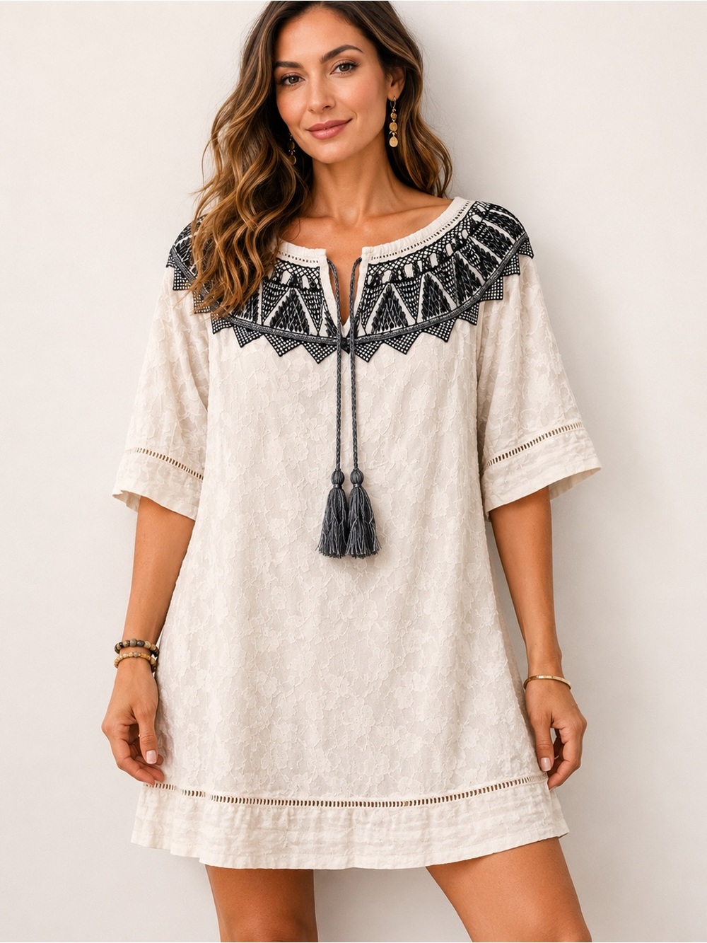 Anthropologie Mermaid Embroidered Boho Tunic Dress XS White Cotton Tassel